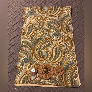 Handmade Table Runner Centerpiece Burlap Flower Button Accents Paisley 42x12”